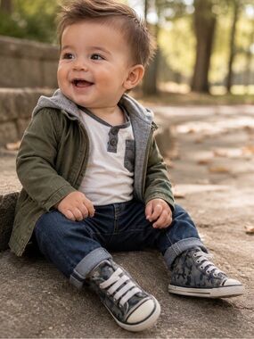 Baby Deer Gray Camo Infant Sneakers Size 3 High Top Walker Shoes